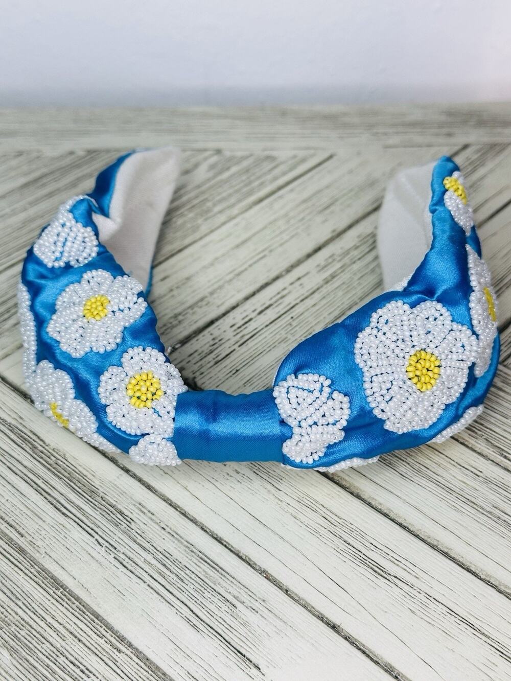 Blue With White Floral Beaded Embellished Headband Daises Glam